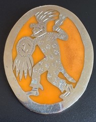 Vintage Sterling Mexico Folk Dancer Brooch 2.5” Orange Overlay Pin