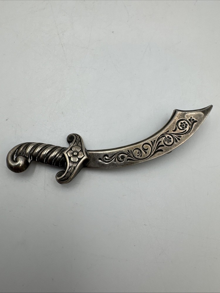 Sterling Silver 925 Vintage Arabian Scimitar Sword Brooch 73.08mm Pin 5.2g