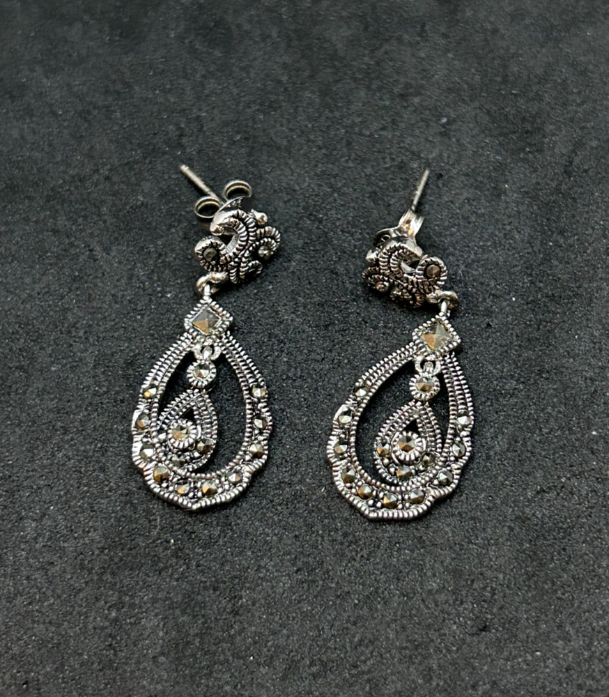 925 Sterling Marcasite Dangle Earrings 1.25in – 5.07g