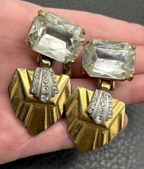 Vintage Runway Art Deco Style Crystal Drop Clip On Earrings Gold Tone Chunky