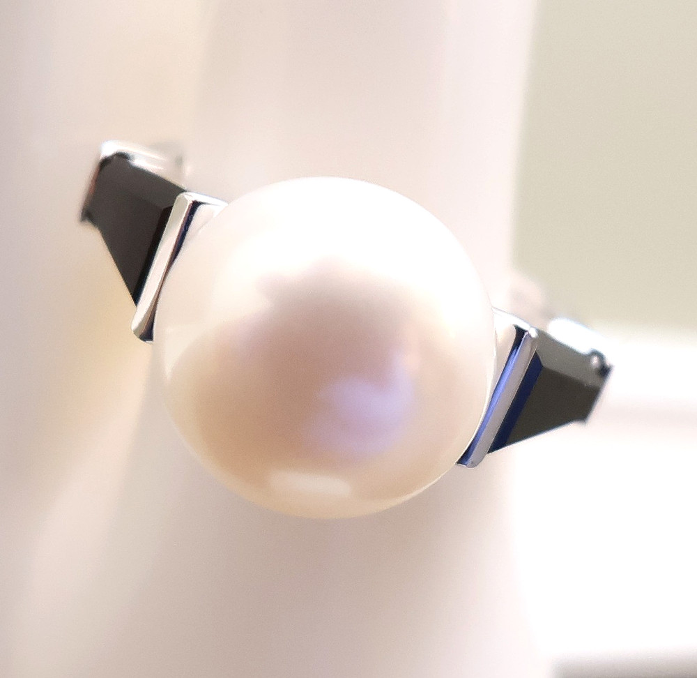 Art Deco ring QVC white pearl black crystals 925 sterling silver signet Size 5