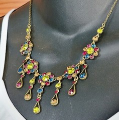 Vintage VCLM Nordstrom Victorian Style Rhinestone Bib Necklace Flowers Blu02-2