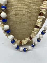 Lot 2 Pc Vtg Chunky Necklaces Blue Silver & White & Shell w Faux Amber Nuggets