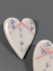 Vintage Artisan White Pink Blue Ceramic Heart Pierced Earrings Boho
