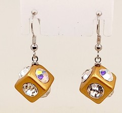 gold tone metal Acrylic clear Rhinestone drop dangle Dice shape Pierced Earrings