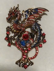 Patriotic Dragon Brooch American Flag Rhinestone Pin Red Blue Gold Tone Vintage