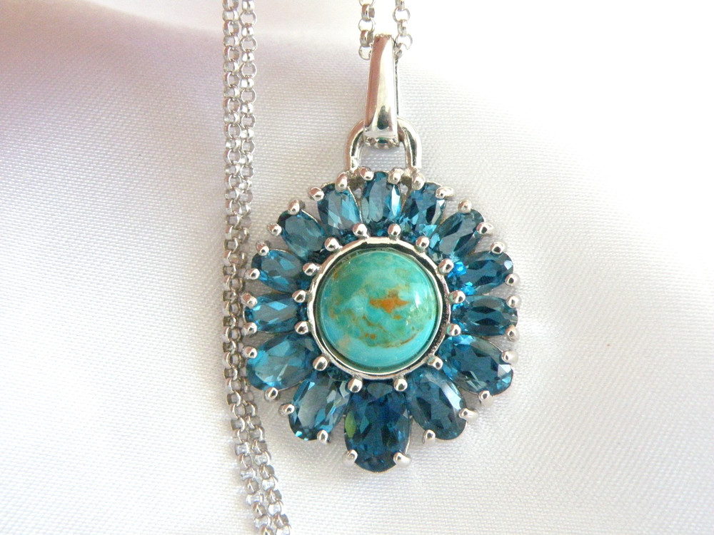 Sterling Silver 925 Turquoise London Blue Topaz NF Pendant 28″ Rolo Necklace