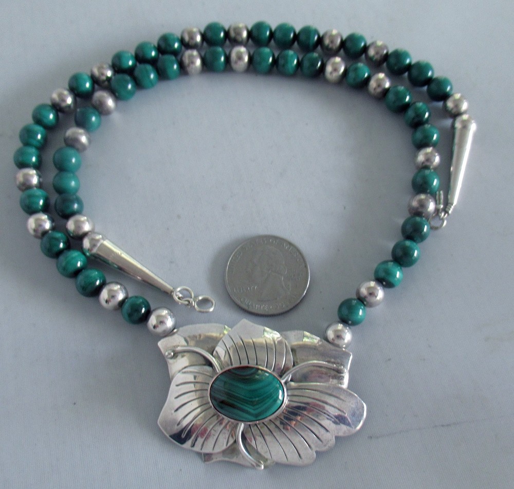 CAROL FELLEY VINTAGE STERLING NECKLACE w MALACHITE, 2 1/4″ PENDANT, 74 GRAMS