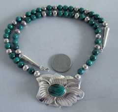 CAROL FELLEY VINTAGE STERLING NECKLACE w MALACHITE, 2 1/4″ PENDANT, 74 GRAMS