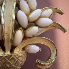 Vintage Flower Basket Brooch-cream Enamel & White Stones. Signed ART B1-0020