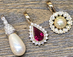 3 piece Vintage Signed Roman Enhancer Pendant Rhinestone Faux pearl Gold Silver