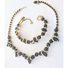 Vintage Jet Black Marquis & Clear Rhinestone Necklace & Bracelet Demi Parure