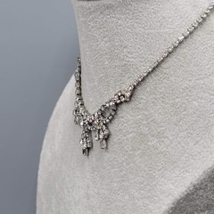 Vintage Christmas Tree Clear Rhinestone Necklace Silver tone 15″