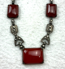 Antique Art Deco Carnelian Glass Sterling Silver & Rhinestones Necklace 16″