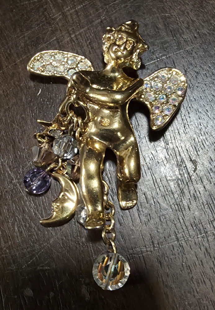 Vintage Kirks Folly Celestial Cherub Angel Brooch Pendant Moon Crystal Dangles