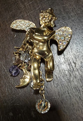 Vintage Kirks Folly Celestial Cherub Angel Brooch Pendant Moon Crystal Dangles