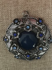 VTG Signed GB Silver Tone Blue Cabochon Rhinestone Filigree Pendant LARGE 2.5 in