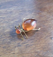 Vintage Russian USSR Baltic Amber Ant Bug Brooch Pin Gold Tone Spider Signed