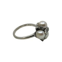 Vtg 14K Solid White Gold Diamond Triple Akoya Saltwater Cultured Pearl Ring 5.75