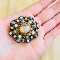 VTG Victorian Style Faux Fire Opal Opalite Brooch Pin Cabochon Pearl Gass Gilt
