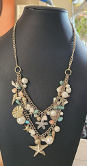 CHARMING CHARLIE Turquoise Bead Gold-tone Starfish Seashell Double Layer Necklac