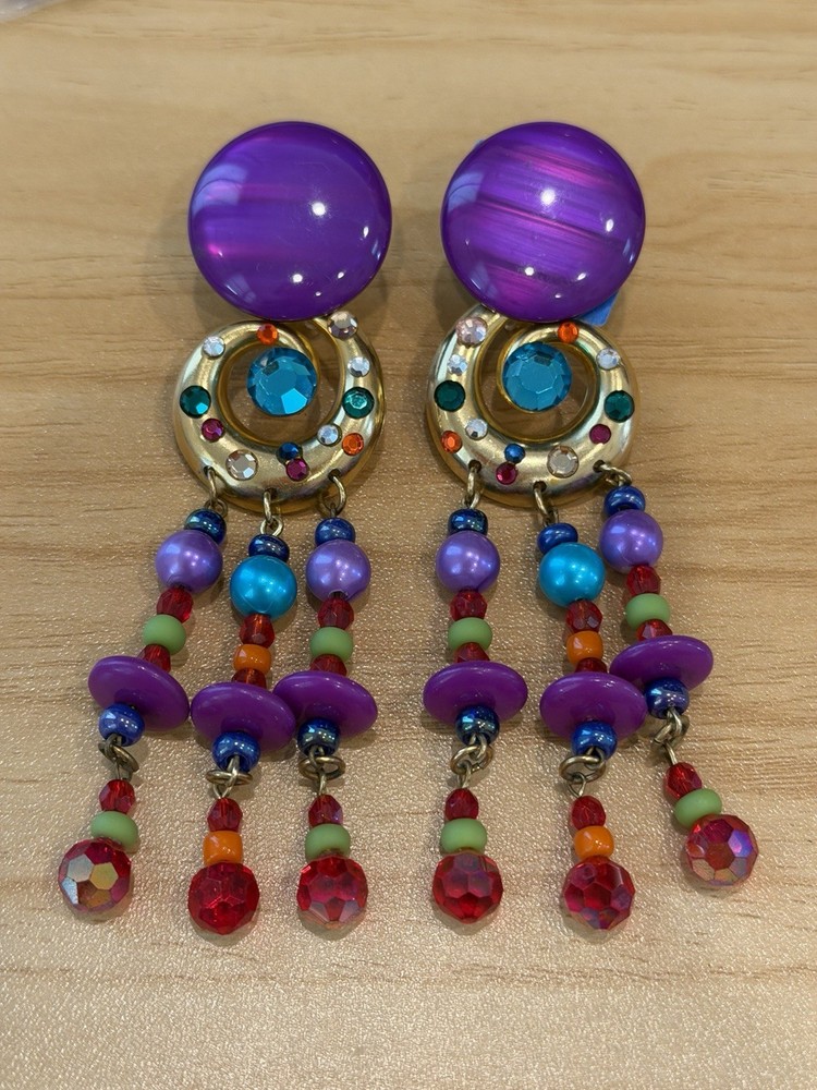 Vintage Multicolor Beaded Dangle Drop Earrings Clip On 4” Long