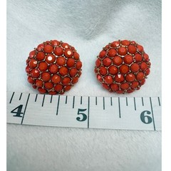 Vintage 1970s Red Acrylic Dome Earrings • Gold‑Tone Cast Setting • Post Style