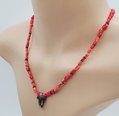 VTG 925 Red Coral Bead 17in Necklace Sterling Silver 15gtw Puffed Open Cross