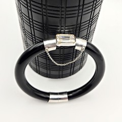 Art Deco Black Onyx Sterling Silver Bangle Bracelet Crystal Center 8” Wrist