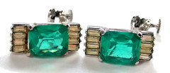 VINTAGE VENDOME GREEN EMERALD CUT & BAGUETTE RHINESTONE SCREW CLIP ON EARRINGS