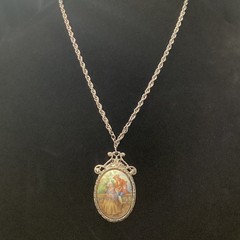 Large Beautiful Vintage LIMOGES FRANCE Cameo Necklace Courting Couple Porcelain
