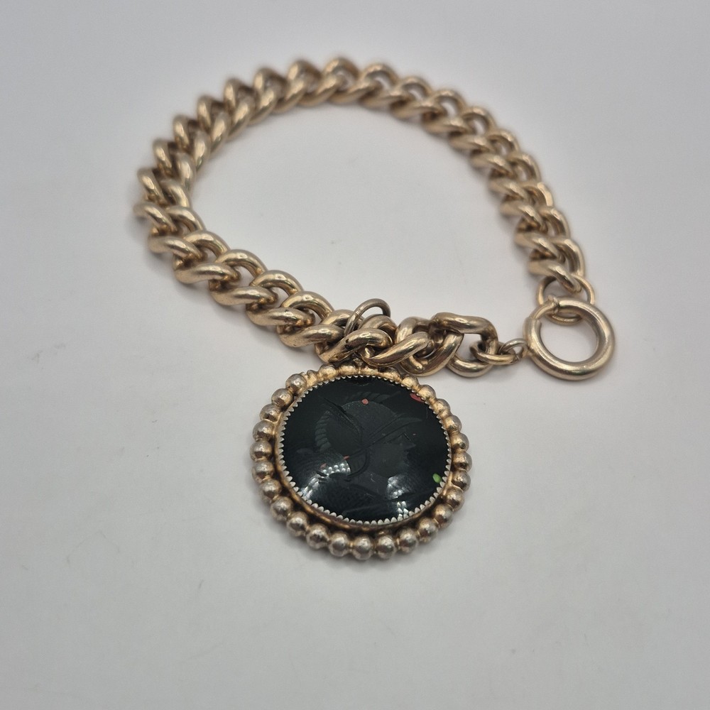 Vintage Curb Link Gold Plated Bracelet W/ Bloodstone Soldier Intaglio Charm 6.5″