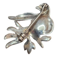 Vintage Sterling Silver, Onyx, Ruby and Marcasite Bird Brooch