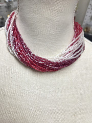Vtg gold tone red white glass tube mutli strand Earrings Necklace Set
