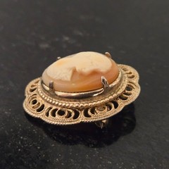Vintage Cameo Brooch Carved Shell Portrait 1920s Orange White ornate filagree