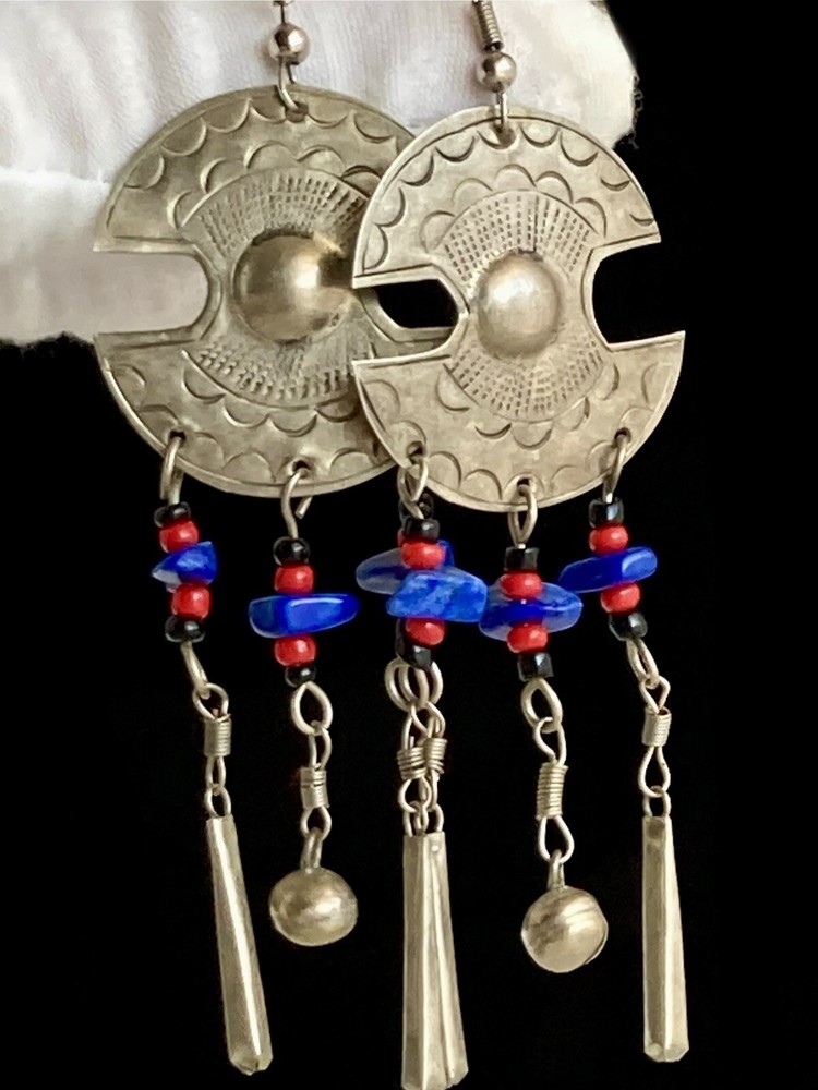 Vintage Lapis Silver Tone Dangling Earrings Large 3.5in Red Black Beads 9.84g