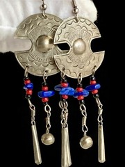 Vintage Lapis Silver Tone Dangling Earrings Large 3.5in Red Black Beads 9.84g