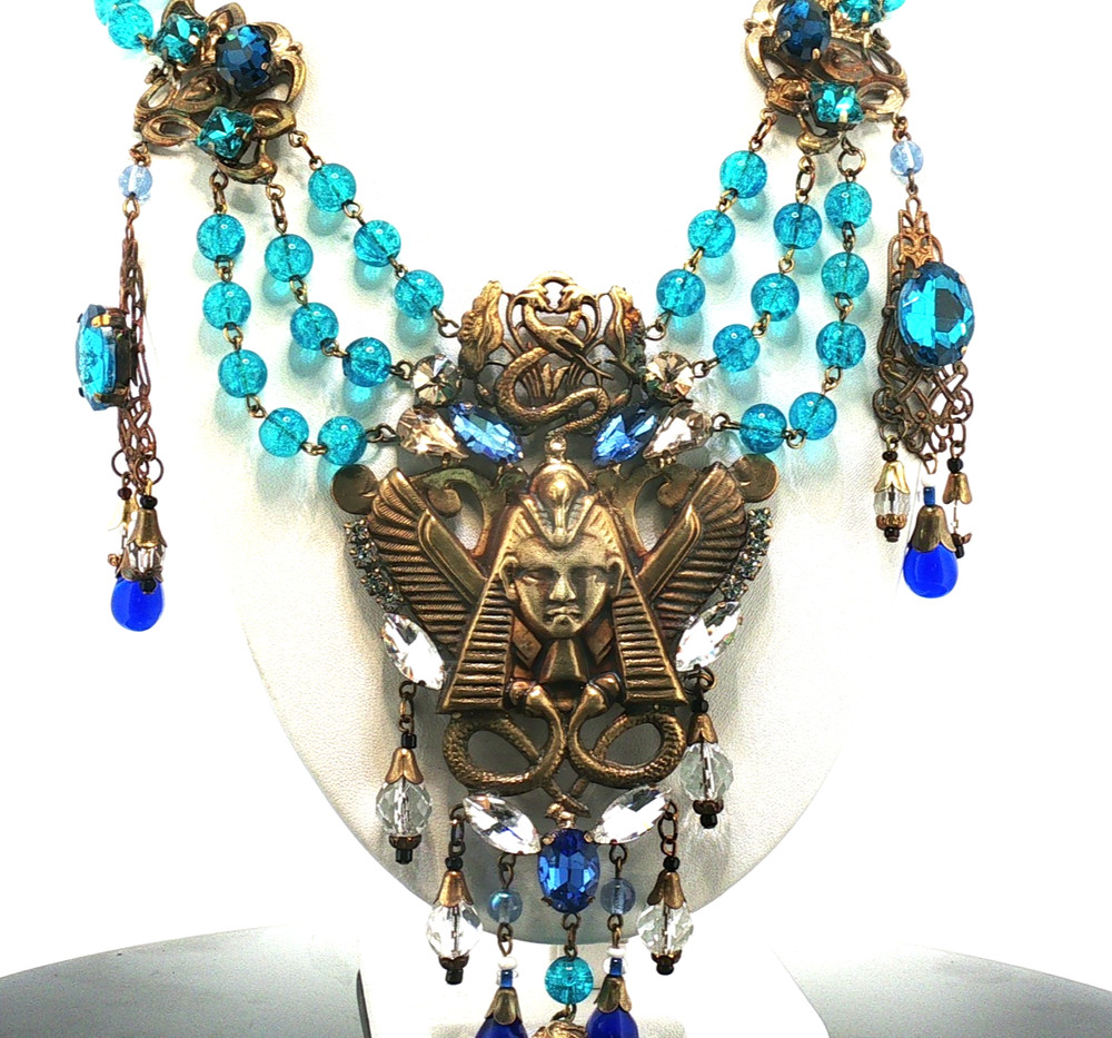 Czech Art Glass Necklace Gold Egyptian Motif Blue Drops Statement Jewelry