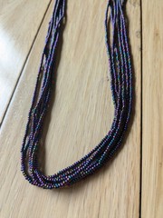 Natural Nepal Glass Seed Bead Multi Strand Necklace. Iridescent Peacock Blue 22″