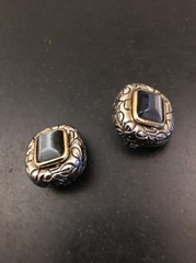 Designer Look Gold Silver Tone Dark Grey Black Cabochon Clip On Earrings 1”