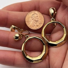 Gold Tone Round Dangle Drop Clip On Vintage Earrings ~1.5” long FREE SHIPPING