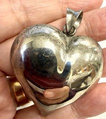 Vintage Silver Tone Puffed Heart Pendant Clip Earrings Set Modernist Statement