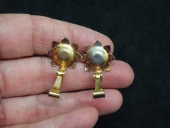 Vintage Two Tone Metal Faux Pearl Damascene Flower Clip Earrings AS IS