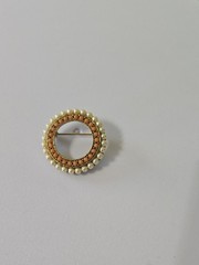 Vintage MCM Faux Pearl Coral Circle Brooch Gold Tone Mid Century Modern Pin