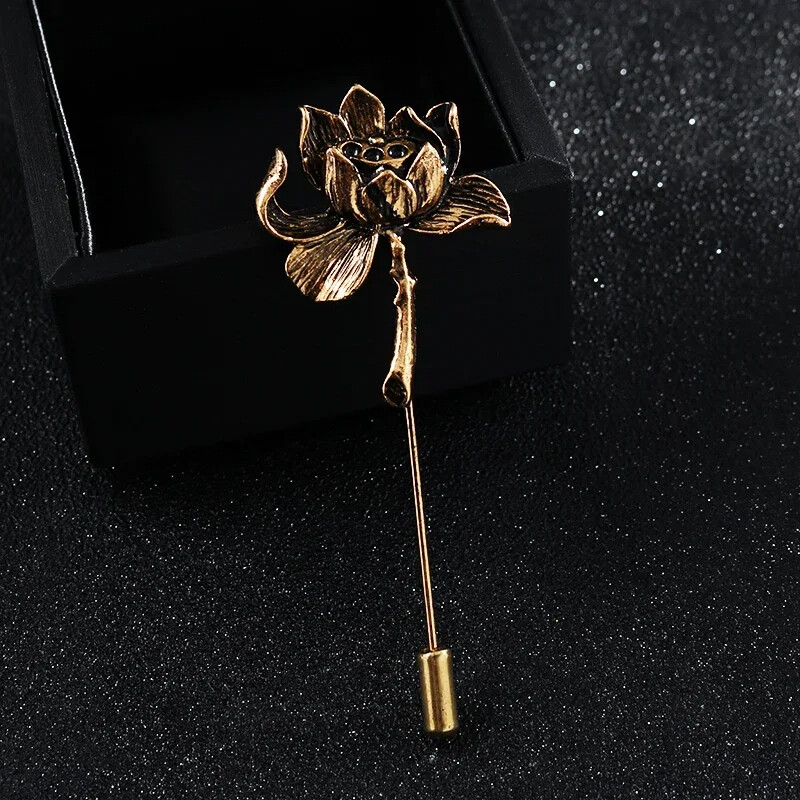 Ancient Personality Lotus Flower Brooch Shirt Lapel Pin Suit Corsage Long Needle
