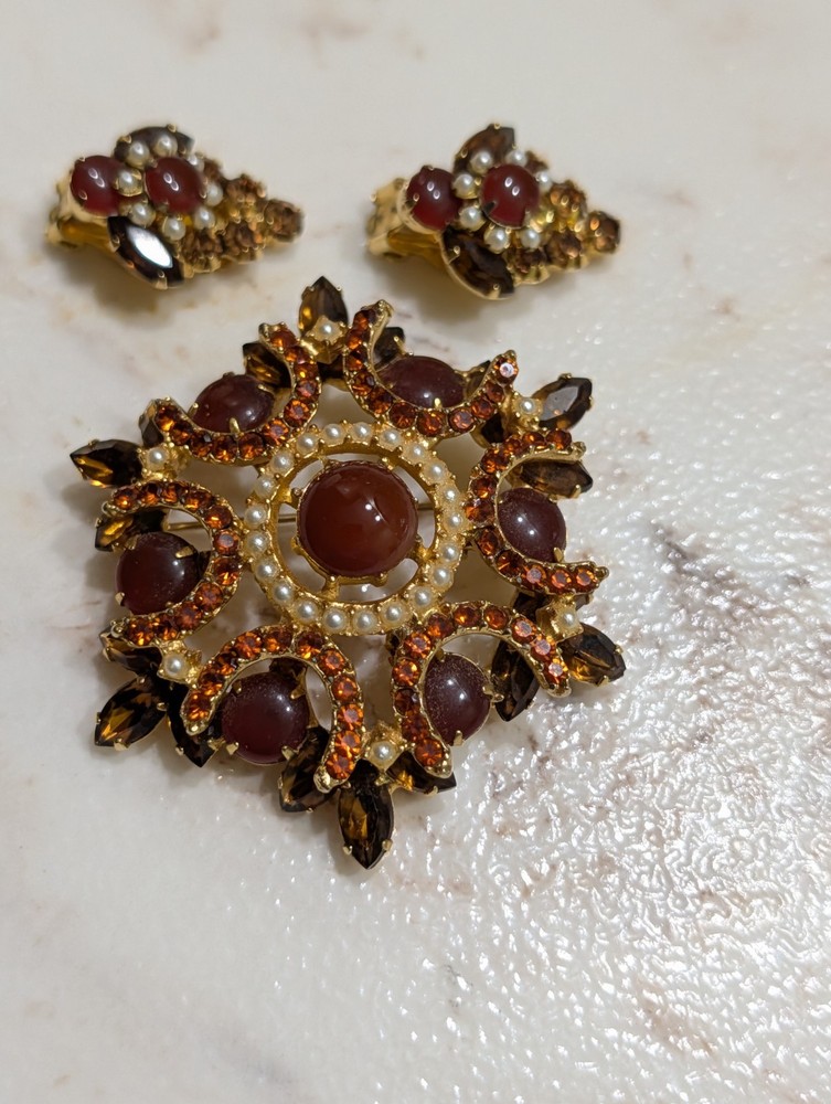 Juliana delizza pearl/rhinestone Brooch Earrings Set citrine Beautiful