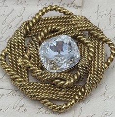 Large Brooch Goldtone Knotted Rope Clear Center Rhinestone VINTAGE 90s