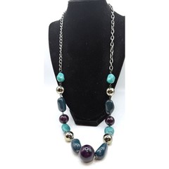 Vintage Colorful Chunky Bead Necklace Gunmetal Chain Artsy Statement 30″