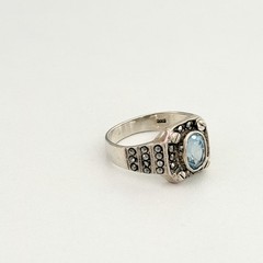 Vintage 925 Sterling Silver Genuine Blue Topaz Marcasite Deco Style Ring SZ 9.5