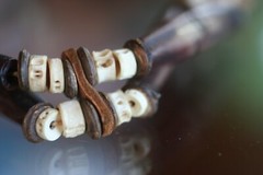 Vintage :* WOOD, LEATHER & STONE*. TIE ORNATE CARVED BRACELET EX CONDITION